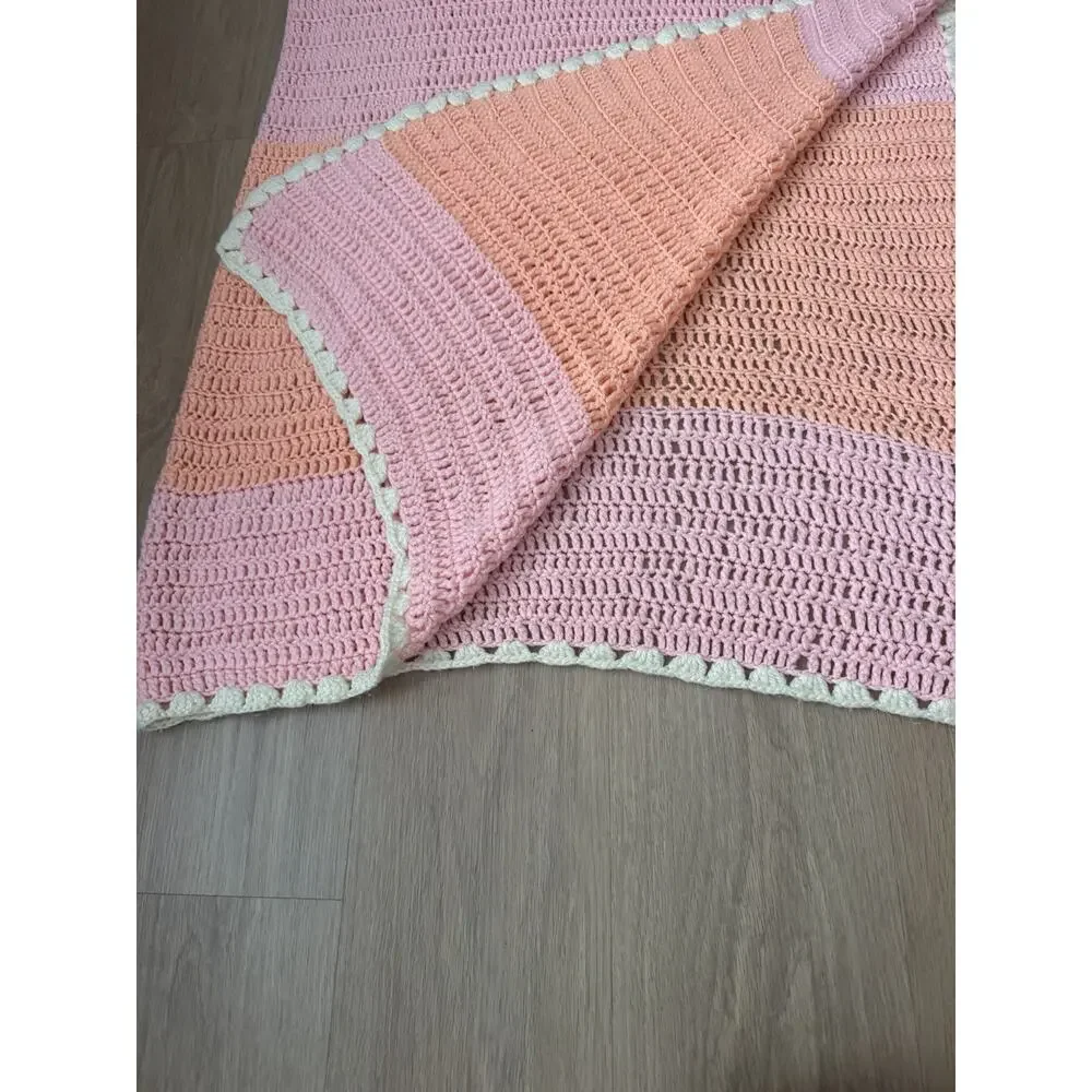 Handmade Pink~Peach~Ivory Crochet Knit Baby Blanket Quilt 64”x33”